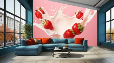 milk or yogurt splash with strawberries isolated on white background, 3d rendering Wall mural