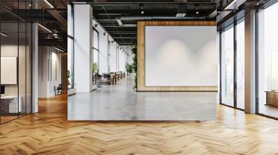 Modern coworking office interior with blank white mock up banner on wall, panoramic windows and city view, daylight, wooden flooring, furniture and decorative plant. 3D Rendering 2 Wall mural