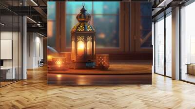 Ramadan festival lantern and props on the floor background. Culture and religion concept. Digital art illustration Wall mural