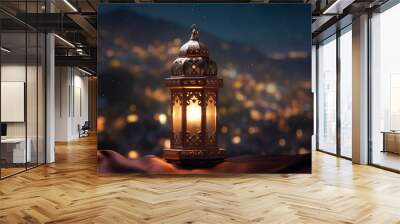 Ramadan lantern with Islamic inscriptions on the hills of the mountains with lights in the background and decorative lights in the front, creative ai Wall mural