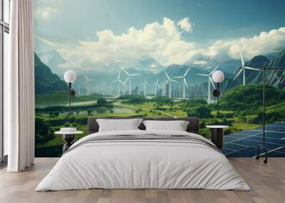 Solar panel with wind turbines against mountains and sky Wall mural