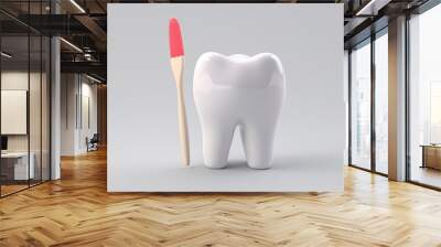 Toothpaste brush with a 3D design of white teeth in a white background Wall mural