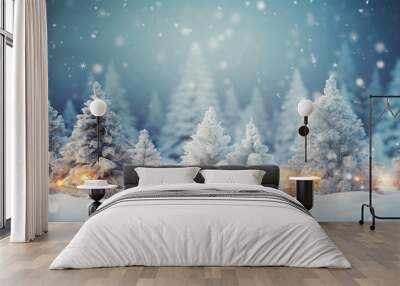 winter blurred background. Xmas tree with snow decorated with garland lights, holiday festive background. Widescreen backdrop Wall mural