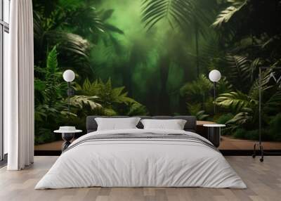 Wooden podium in tropical forest for product presentation and green background Wall mural