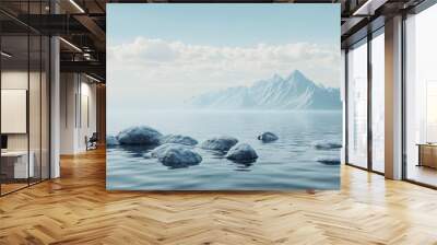 A calm sea with a few rocks in the foreground, a snowy mountain range in the distance. Wall mural