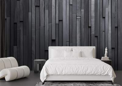 A close-up shot of a dark wood wall with vertical slats of varying widths. Wall mural