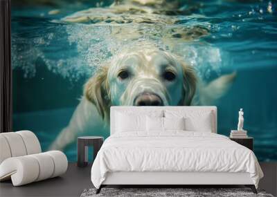 A golden retriever dog swimming underwater with a serious expression. Wall mural