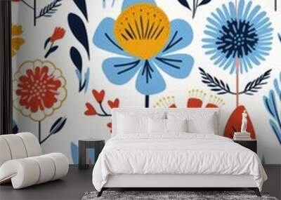 A hand drawn folk art pattern with flowers and leaf, AI generated Image Wall mural