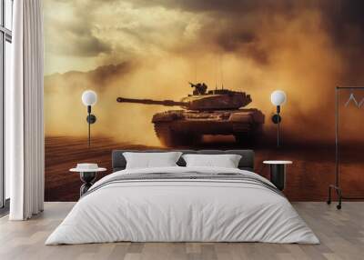 A tank drives through a dusty desert landscape, kicking up sand as it moves forward. The setting sun casts a warm glow on the scene. Wall mural