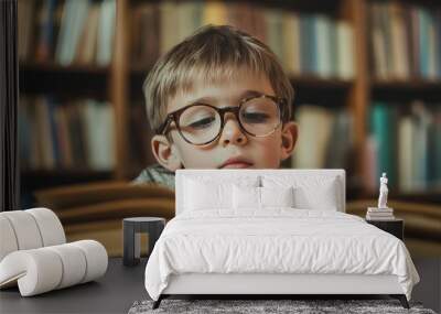 A young boy in glasses reads a book in a library. Wall mural