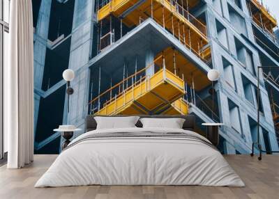 Close up of a concrete building under construction with yellow scaffolding. Wall mural