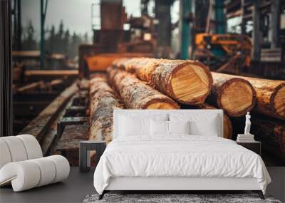 Closeup of logs on a conveyor belt at a sawmill. Wall mural