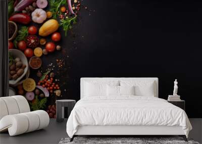 Foods in black background template, AI generated Image Wall mural