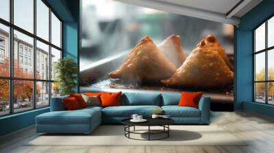 Four freshly fried samosas on a baking sheet with steam rising from them. Wall mural