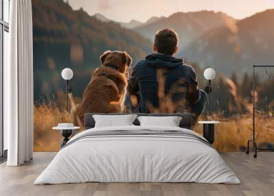 Man and his dog sitting on the grass looking at the view, AI generated Image Wall mural