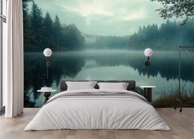 Misty lake with forest reflection and single rock in the foreground. Serene and calm landscape photo. Wall mural