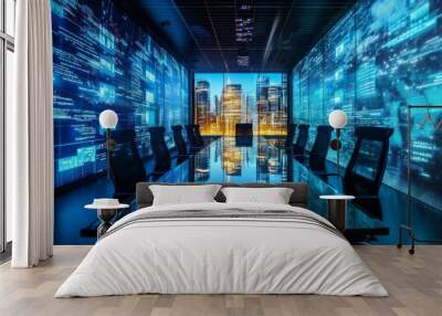 Modern futuristic office meeting room with a large window overlooking a city skyline. The walls are covered in digital data and code. Wall mural