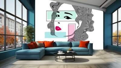 Abstract art portrait of beautiful woman face with abstract wavy line hair. Vector illustration Wall mural