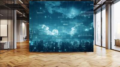 a futuristic city plan with cloudy, dark sky-blue background, digital connections, and floating holographic data elements displaying city metrics. Wall mural