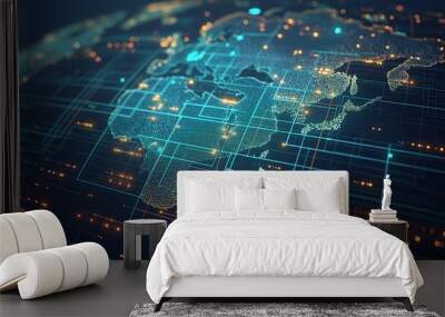 Abstract digital world map, concept of global network and connectivity, artificial general intelligence, high-speed data transfer and cyber technology, information exchange and telecommunication Wall mural