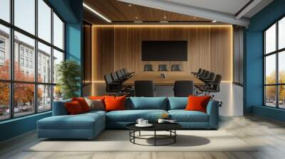 Contemporary conference room featuring a TV, a big table, and chairs against a wooden wall backdrop. Idea for business meeting. Brightness. 3D Production Wall mural