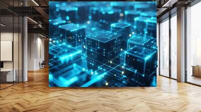 Cube technology on the convergence point of circuit with Abstract blue background. Blockchain Network System Wall mural