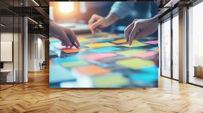 Team hands working with sticky notes on the table, creative meeting concept, blurred background. AI Generative Wall mural