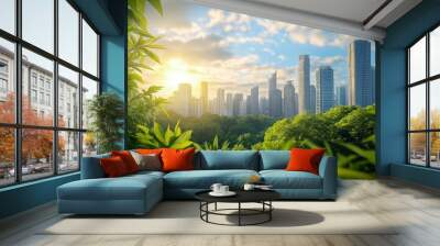 The contrast between the modern cityscape in the distance and the lush green foliage in the foreground suggests harmony between the two environments. Wall mural