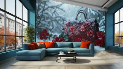 A female luxury bag in the winter hush with red roses Wall mural