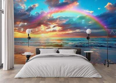 A rainbow style multi colored on the beach while the sun sets down on a beautiful cloudscape Wall mural