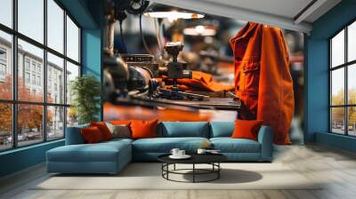 A tabletop orange jacket with manually crafting a cheerful day of labor task Wall mural