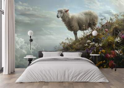 A tall sheep perched on a hillside clothed with flowers Wall mural