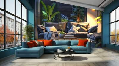 At dusk a trendy table a warm couch and nice plants make for a nice and chic at home Wall mural