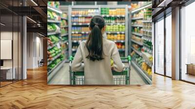 20-something asian woman shopping buying groceries at a supermarket, back angle Wall mural