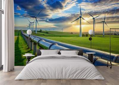 A hydrogen pipeline with wind turbines and in the background. Green hydrogen production concept Wall mural