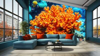 Bright orange coral growing underwater on reef Wall mural