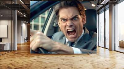 Close-up photo of angry young businessman in suit driving car and emotionally gesturing with hands, displeased shouting and arguing Wall mural