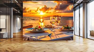 Close-up Romantic dinner setting on a luxury restaurant table with food and glass, sunset over sea or ocean water. Summer travel holiday vacation romance, evening honeymoon dining, nobody, copy space Wall mural