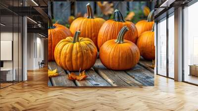 Multiple pumpkins resting on wooden surface Wall mural