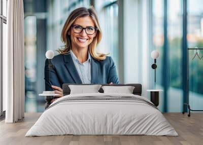 Portrait of happy smiling confident businesswoman wearing eyeglasses, standing with arms crossed. Copy space, corporate female manager, success at company work or job, CEO girl career Wall mural