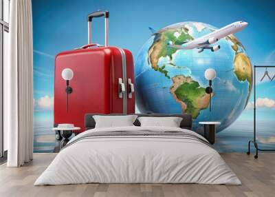 Red suitcase and airplane with planet earth globe in background, copy space. Travel around the world, holiday agency tourism adventure trip, map tour, business airline booking destination location Wall mural