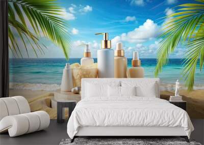 splay object empty space sand product nature freshness stand ocean backdrop concept template sea advertising summer poduim abstract object space beige showcase racked sea cosmetic empty beach Wall mural