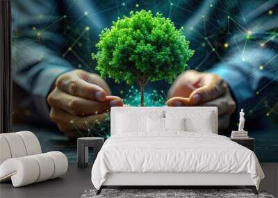 Two hands hold small green tree above glowing digital grid. Generative AI Wall mural