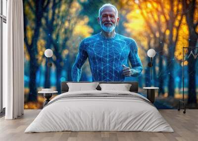 Wireframe human figure standing against blue digital background.  Wall mural