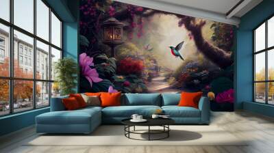 Beautiful nature scene with birds chirping around the forest trees, colorful flowers and plants in the natural environment where the beauty of the jungle comes to life AI Generated Wall mural