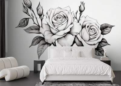 A black and white drawing of two roses with green leaves Wall mural