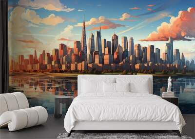 A bustling financial district with towering office buildings and bustling streets filled with business professionals, symbolizing the economic hub of the city. Painting Illustration style, Minimal Wall mural