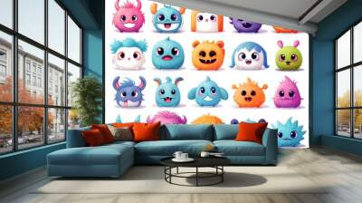 A collection of cartoon monsters with different colors and expressions Wall mural