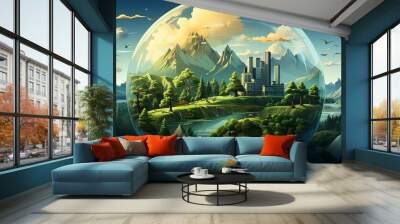 A globe with various environmental icons superimposed, such as wind turbines, solar panels, and recycling symbols, illustrating global concerns and solutions for a sustainable future. Painting Wall mural