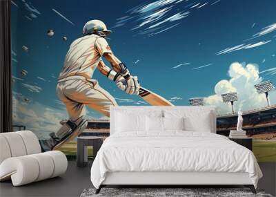 A man in a white shirt is playing cricket Wall mural